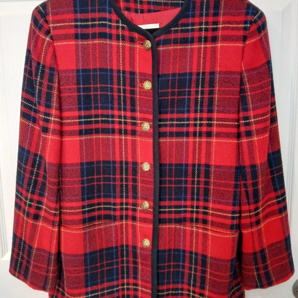 Liz Claiborne Tartan Plaid Red Blue Wool Blend  Button Blazer 12 Career Academia - Picture 2 of 9